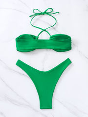 Halter solid o ring self tie metal applique bikini swimwear