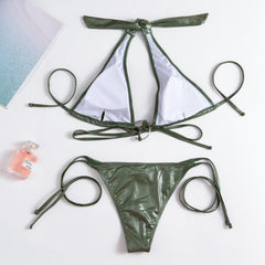 Metallic solid halter self tie o ring backless bikini swimwear