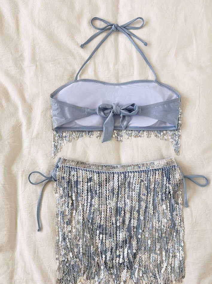 Glitter tassels contrast halter backless self tie bikini swimwear