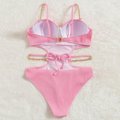 Metal chain button padded solid self tie one piece swimwear