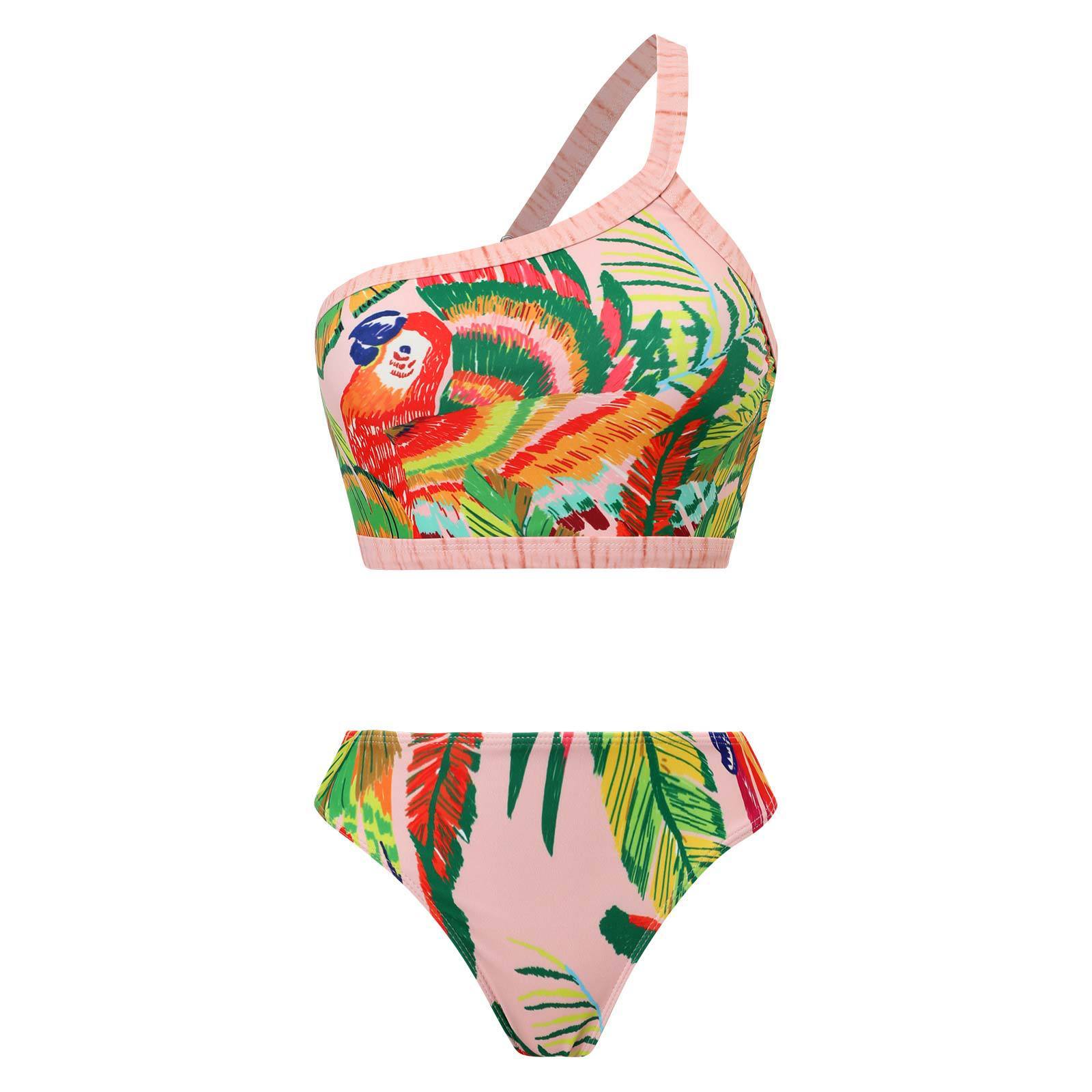 One shoulder leaf print backless contrast bikini swimwear