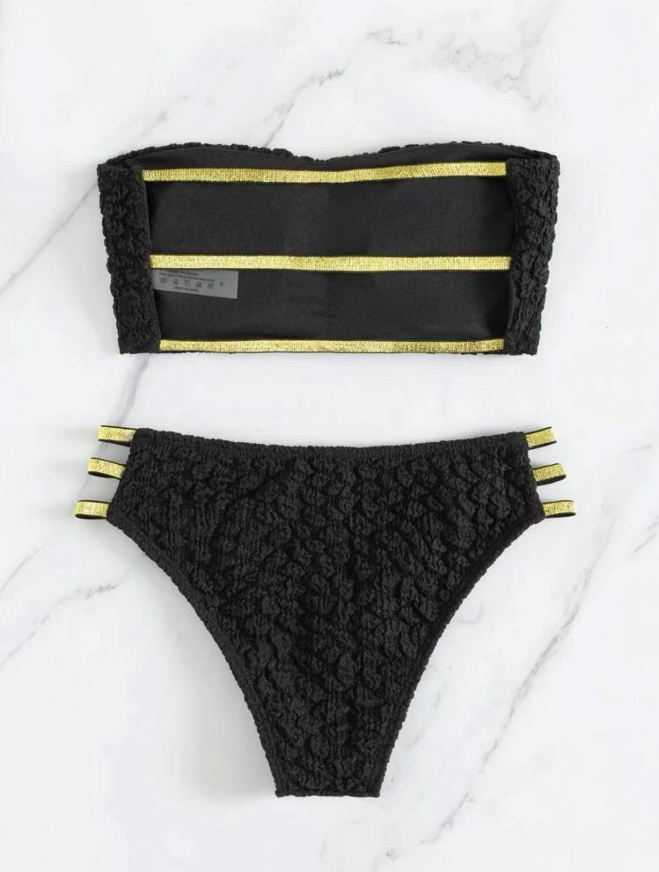 Solid textured contrast hollow out tube bikini swimwear