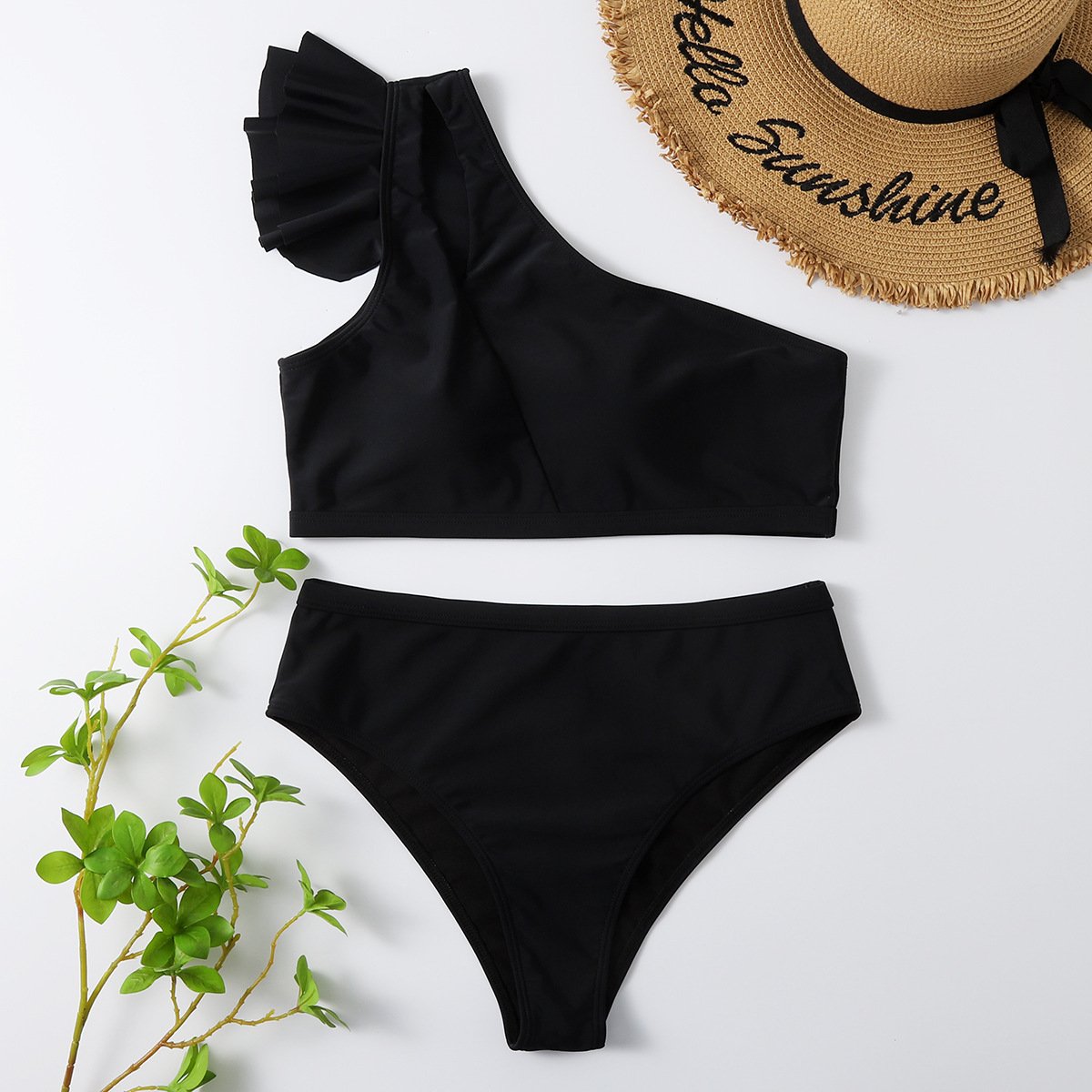 One shoulder ruffle solid irregular hollow out bikini swimwear