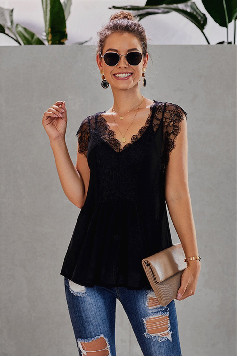 Lace Stitching V-neck Loose Blouse