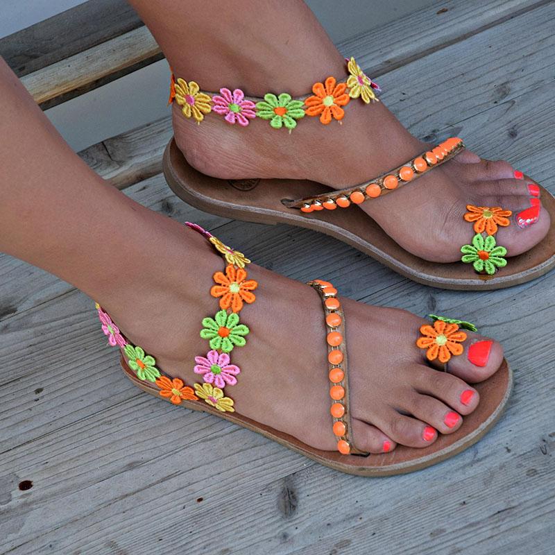 Ladies Handmade Sweet Flower Ankle Strap Flip-flop Flat