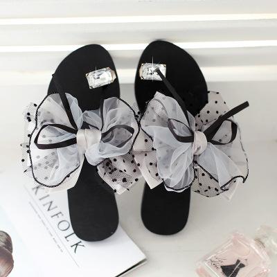 Large Size Summer Rhinestone Lace Organza Bow Knot Flat Slippers