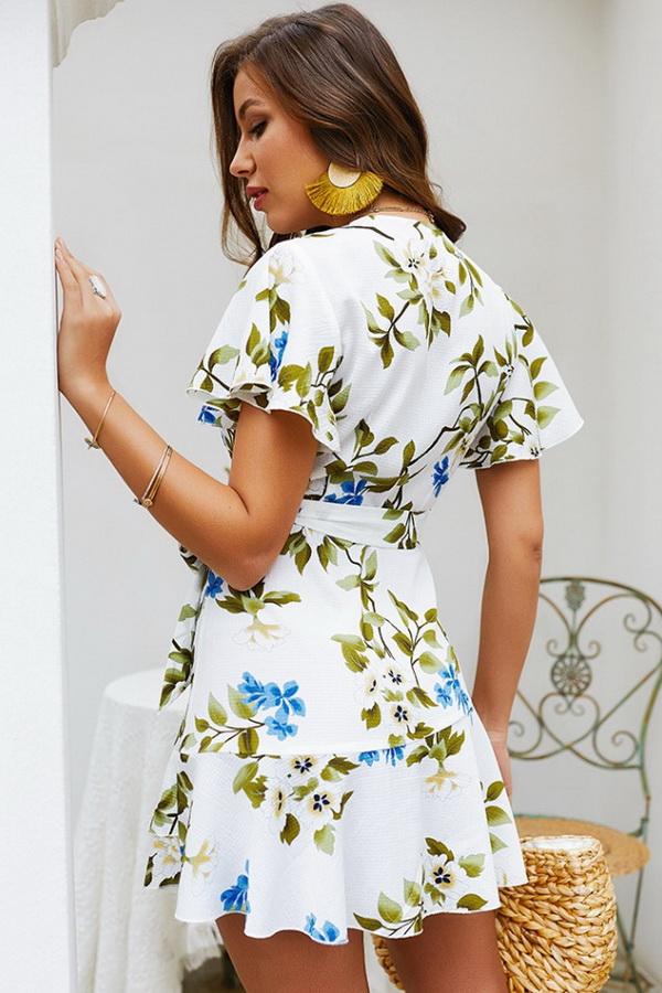 Leaves Print V Neck Wrap Knot Dress