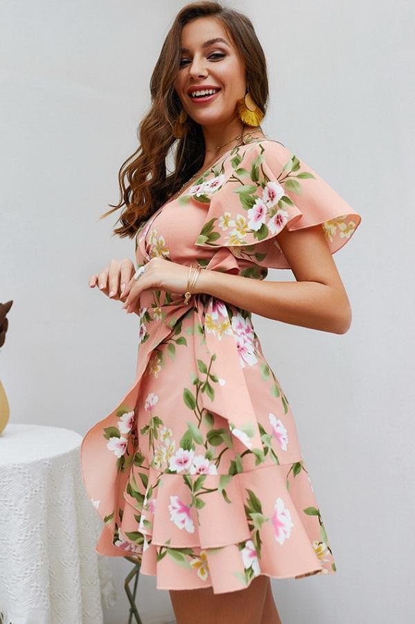 Leaves Print V Neck Wrap Knot Dress