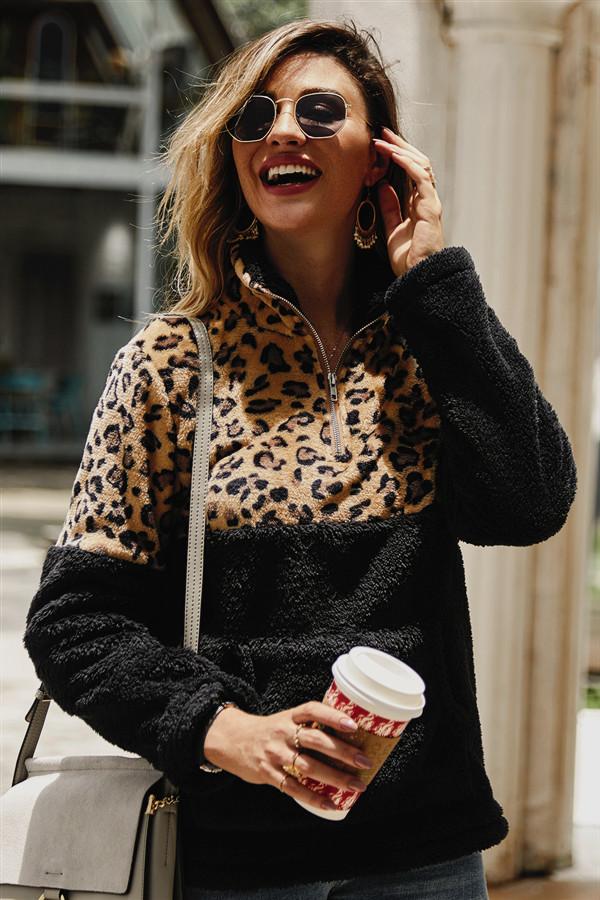 Leopard Pattern Stitching Fleece Pullover