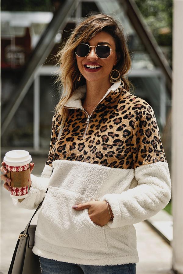 Leopard Pattern Stitching Fleece Pullover
