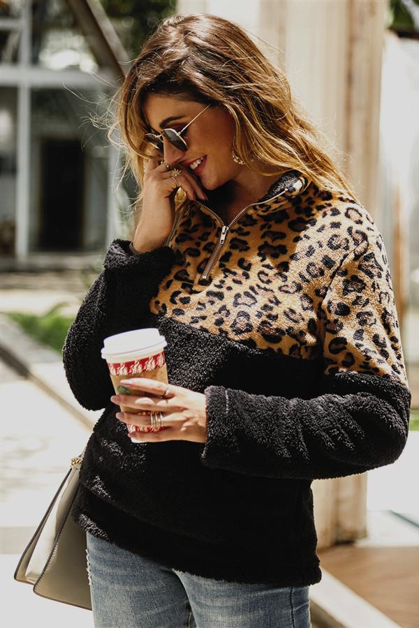 Leopard Pattern Stitching Fleece Pullover