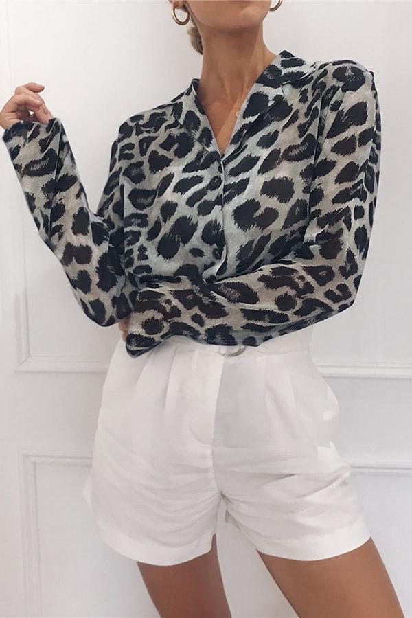 Leopard Print V-neck Long Sleeve Chiffon Jacket