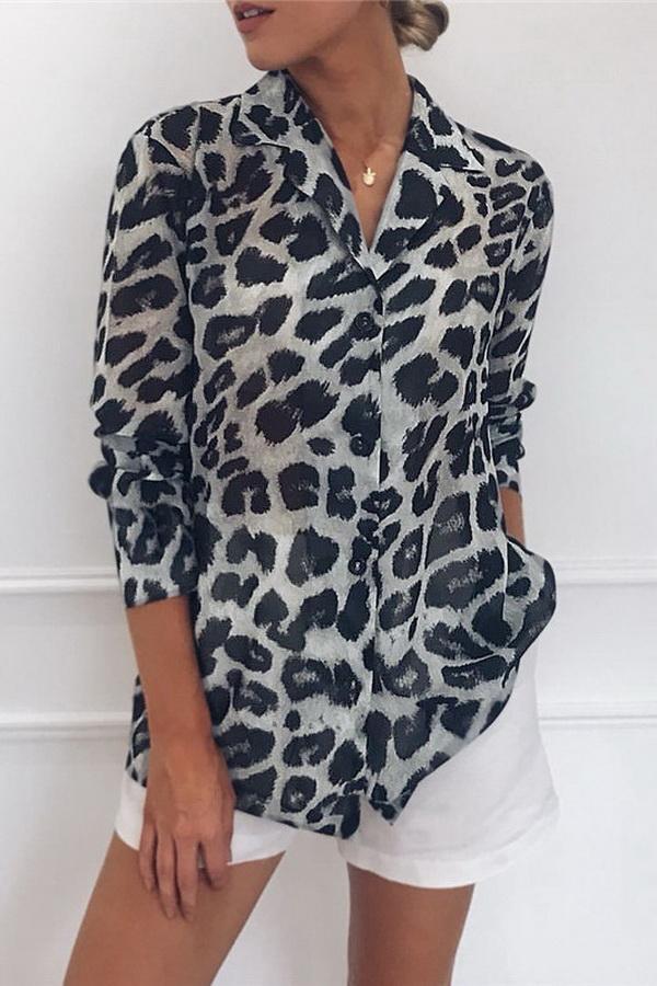 Leopard Print V-neck Long Sleeve Chiffon Jacket