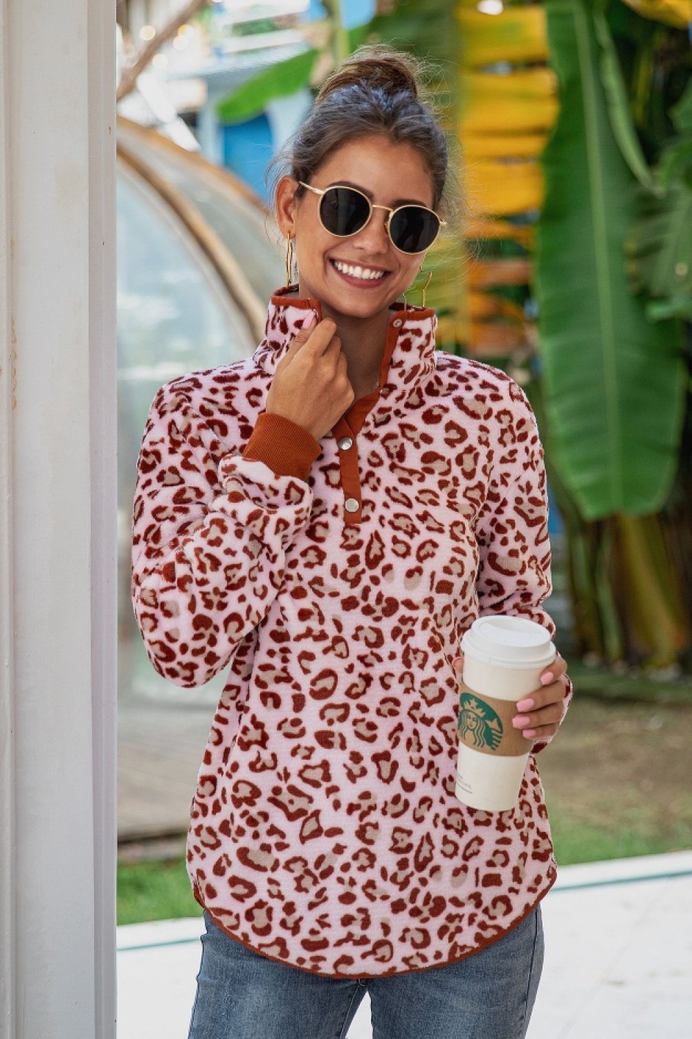 Leopard Stand Collar Buttons Sweatshirt