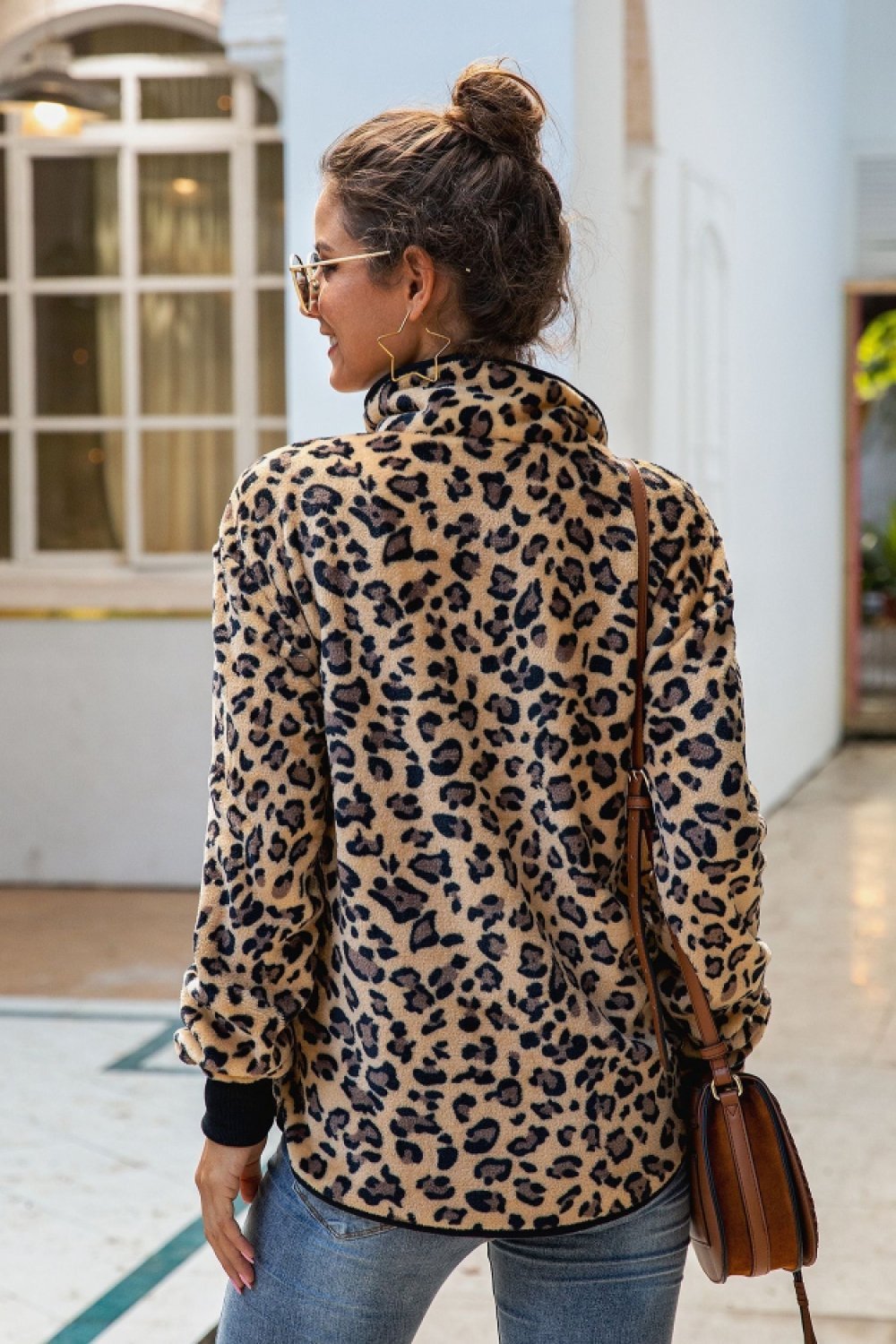 Leopard Stand Collar Buttons Sweatshirt