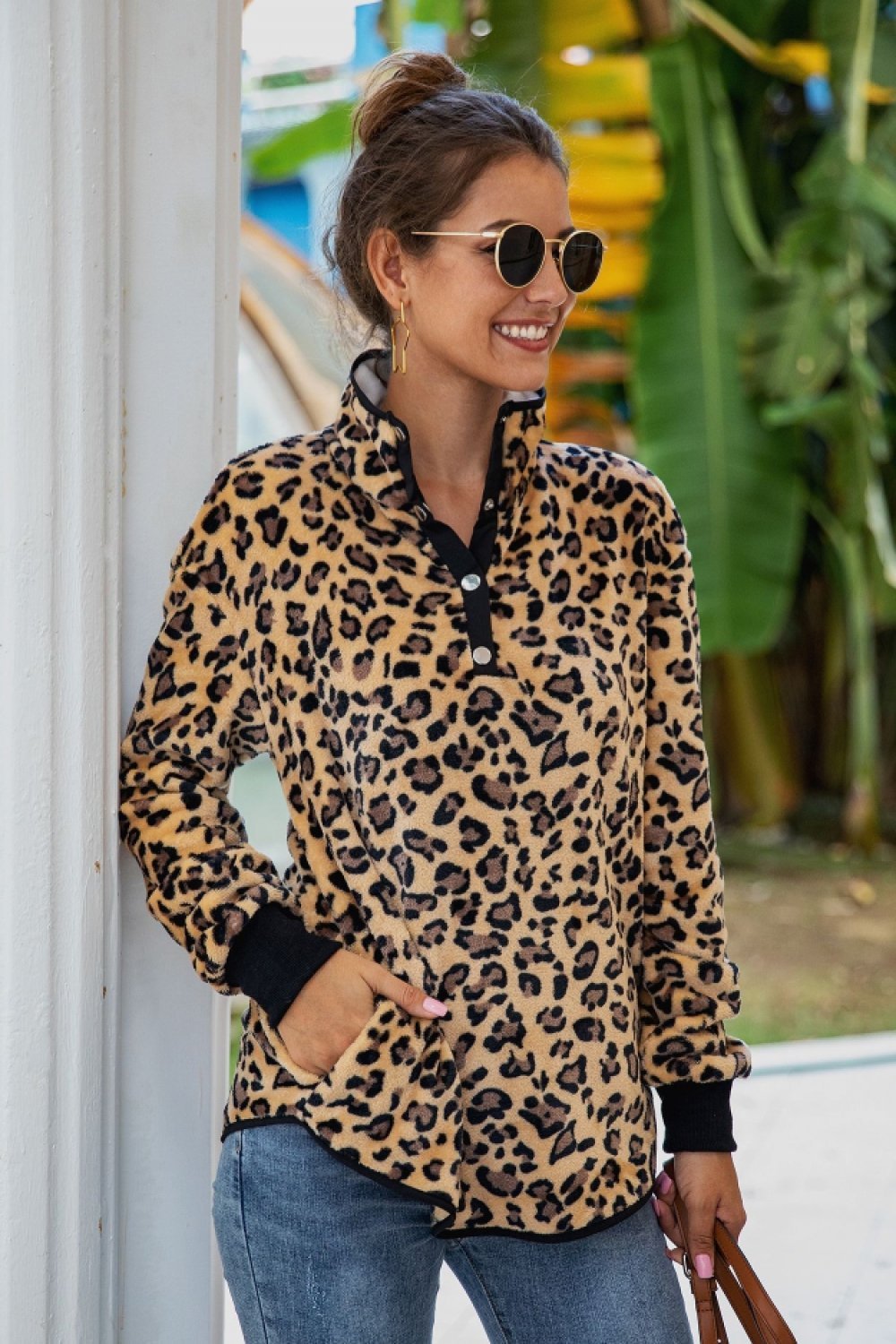 Leopard Stand Collar Buttons Sweatshirt