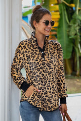 Leopard Stand Collar Buttons Sweatshirt