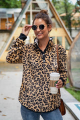 Leopard Stand Collar Buttons Sweatshirt