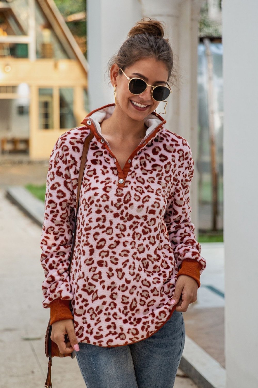 Leopard Stand Collar Buttons Sweatshirt