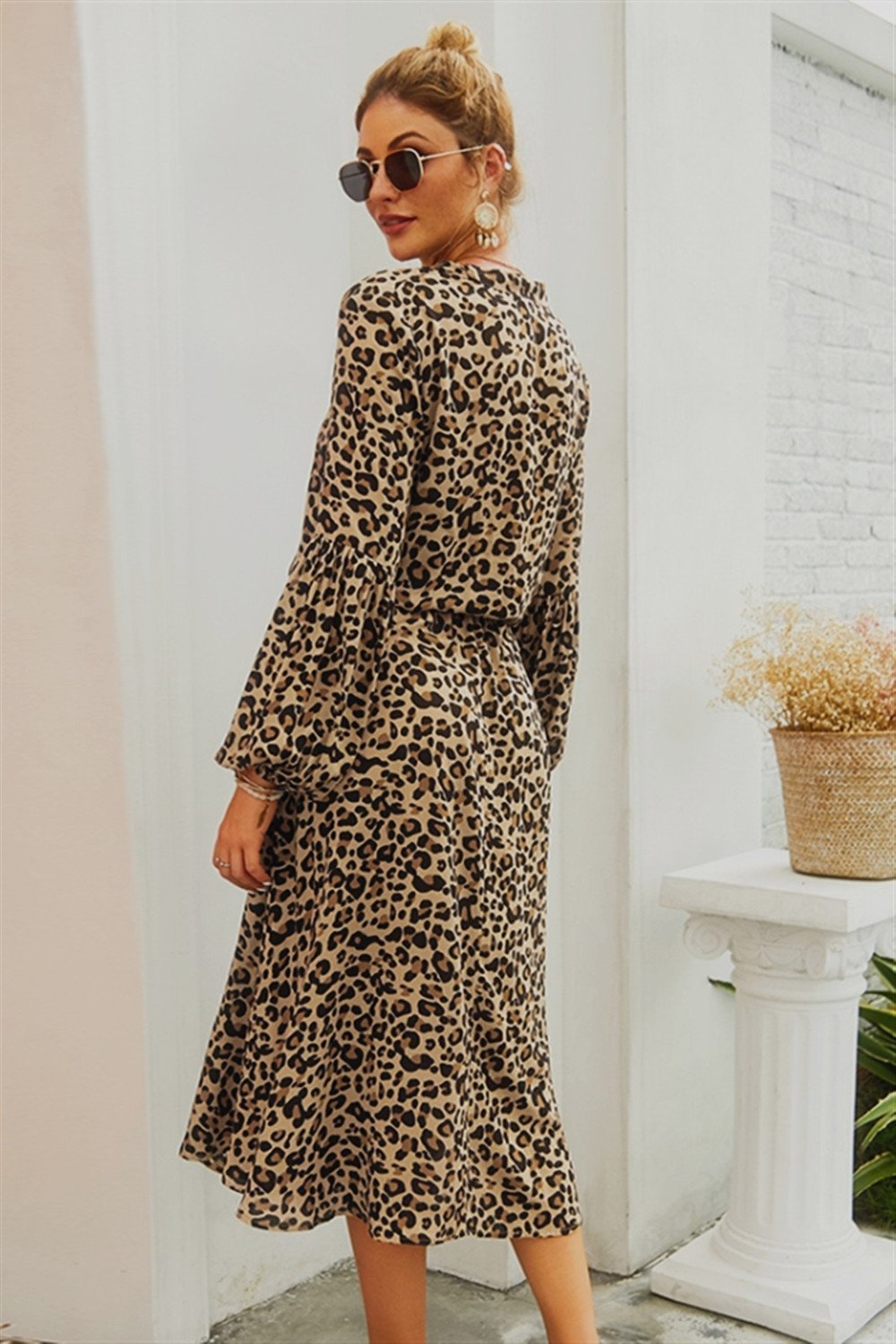 Leopard V Neck Long Sleeved Mid Dress