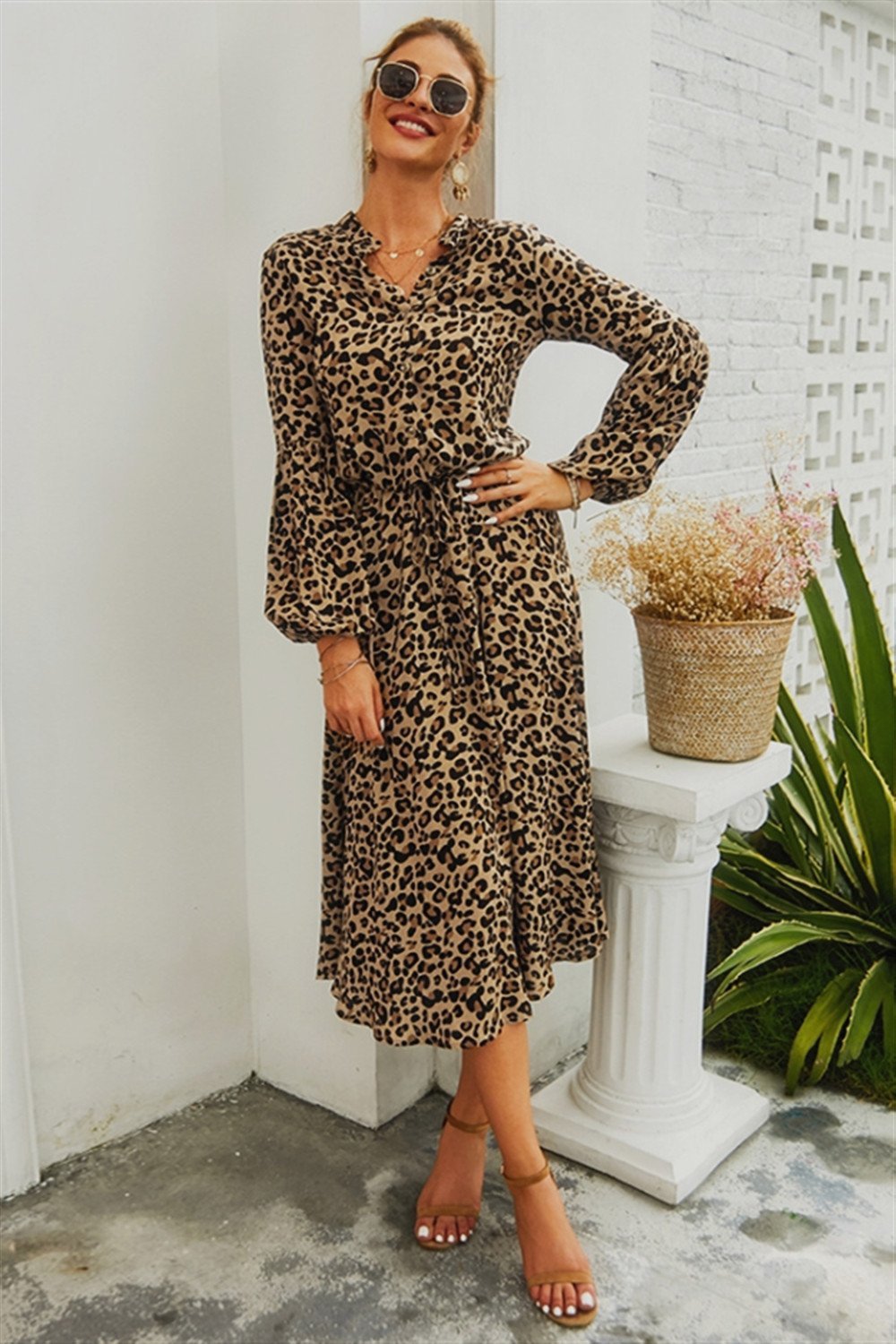 Leopard V Neck Long Sleeved Mid Dress