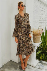 Leopard V Neck Long Sleeved Mid Dress