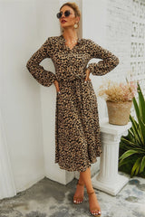 Leopard V Neck Long Sleeved Mid Dress