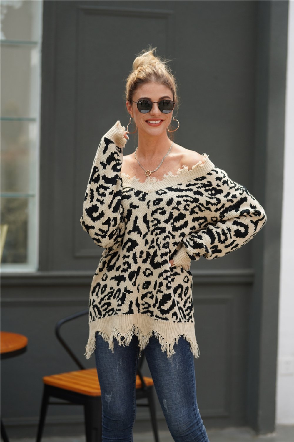 Leopard V Neck Loose Sweater - Blanchedalmond