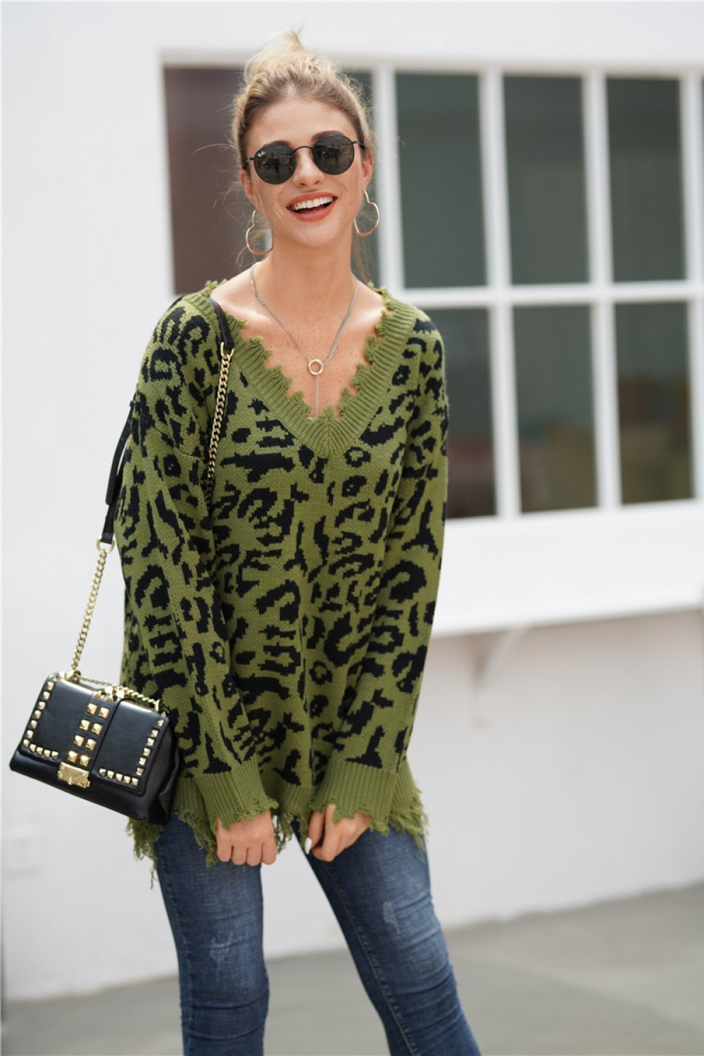 Leopard V Neck Loose Sweater - Blanchedalmond