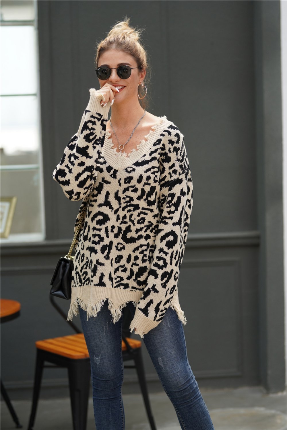 Leopard V Neck Loose Sweater - Blanchedalmond