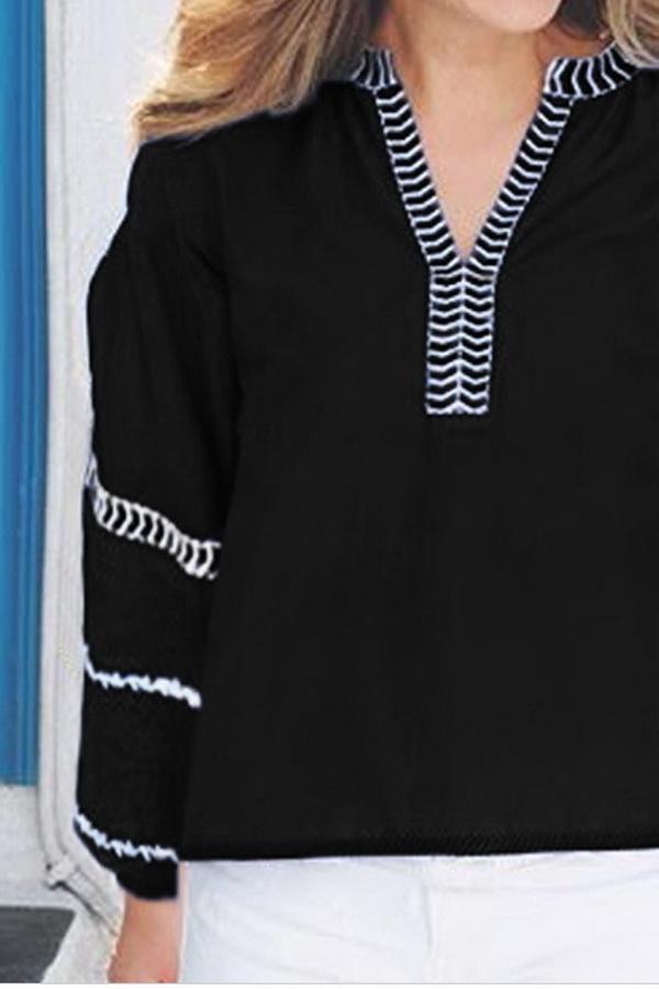Loose Pullover Embroidered V-neck Shirt