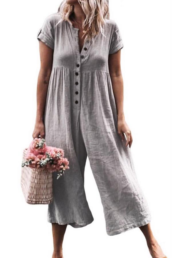 Loose Single-breasted Short-sleeved Jumpsuit