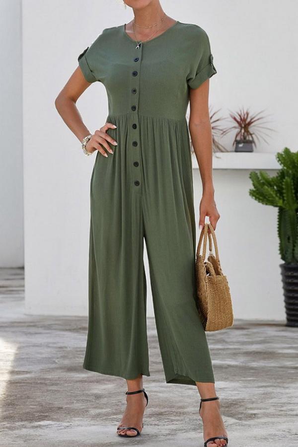 Loose Single-breasted Short-sleeved Jumpsuit