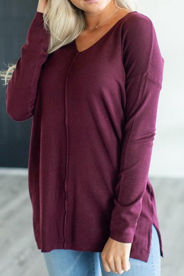 Loose V-collar Plain Long-sleeved T-shirt