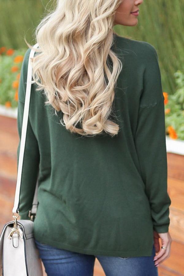 Loose V-collar Plain Long-sleeved T-shirt