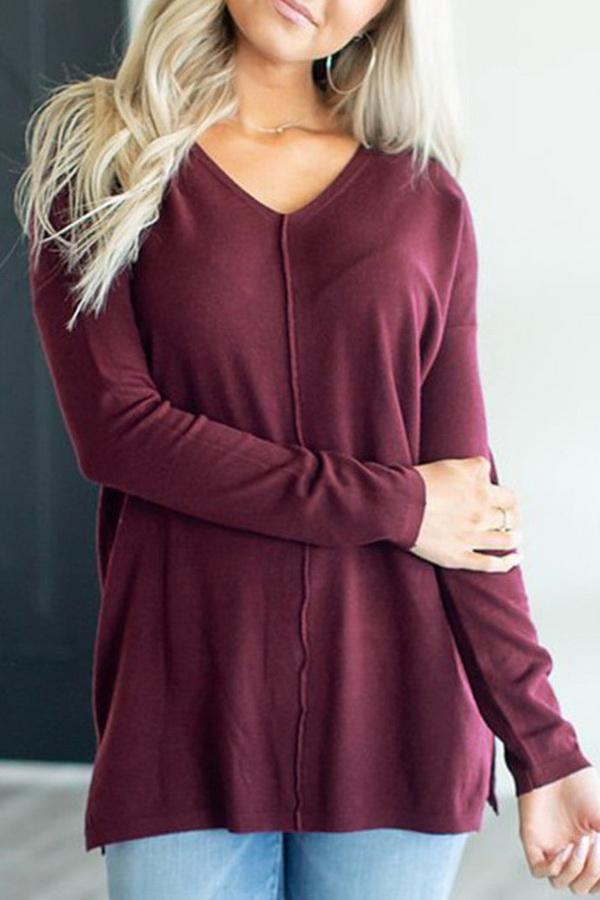 Loose V-collar Plain Long-sleeved T-shirt