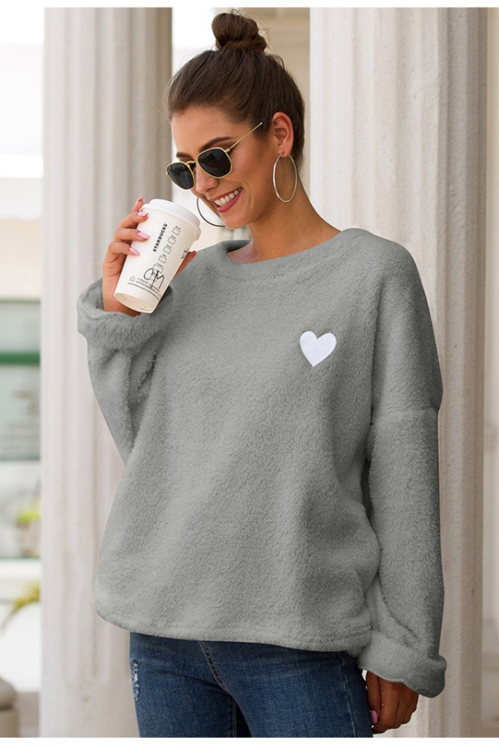 Love Embroidery Loose Plush Pullover