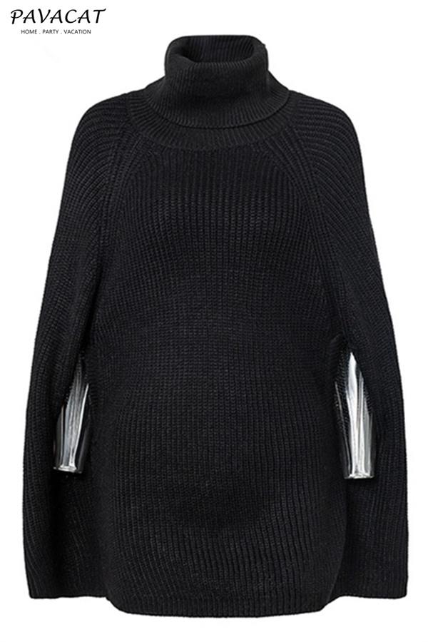Mellow Diamond Turtleneck Cloak Pullover - Black