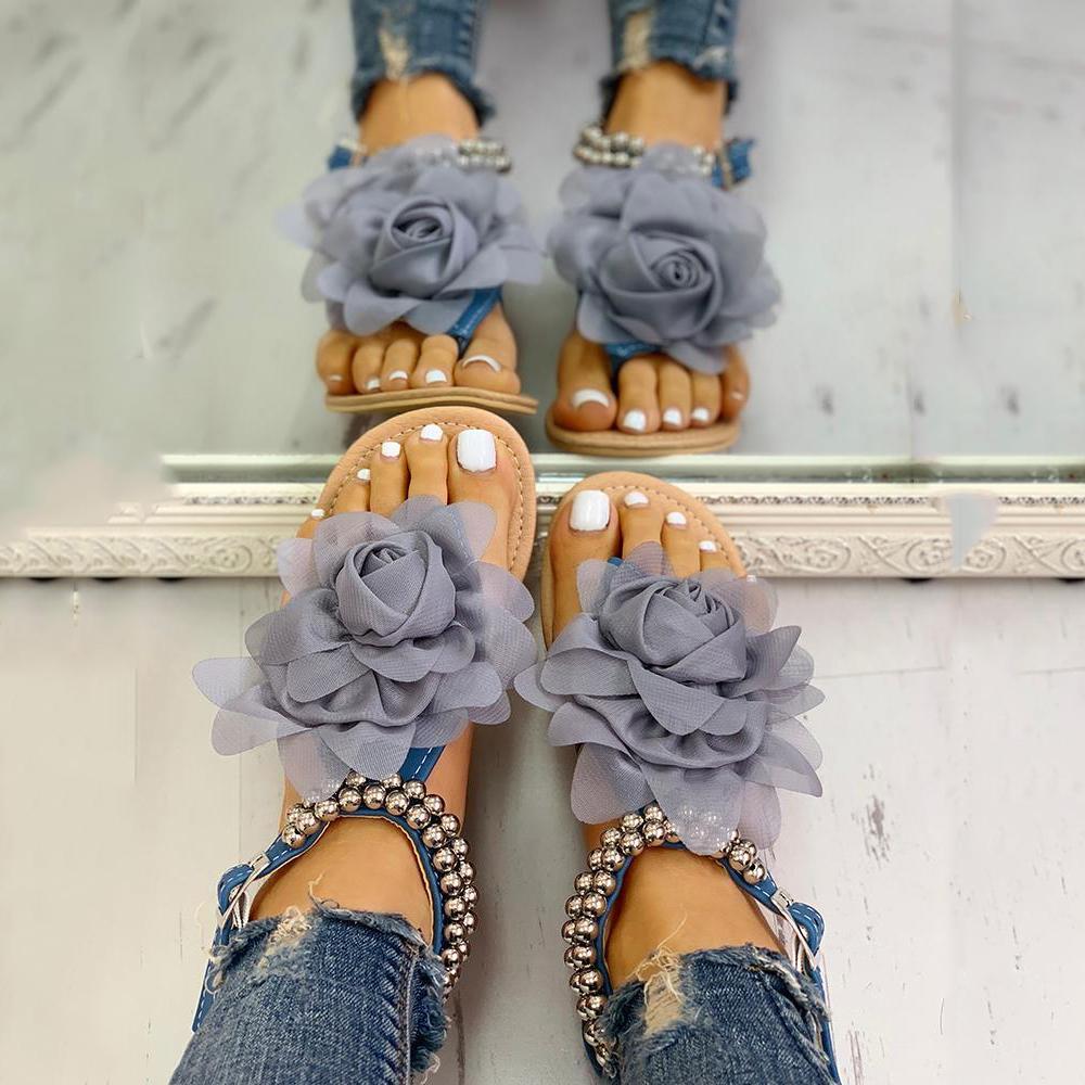 Mesh Floral Embellished Beaded Flat Sandals