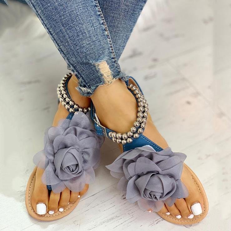 Mesh Floral Embellished Beaded Flat Sandals