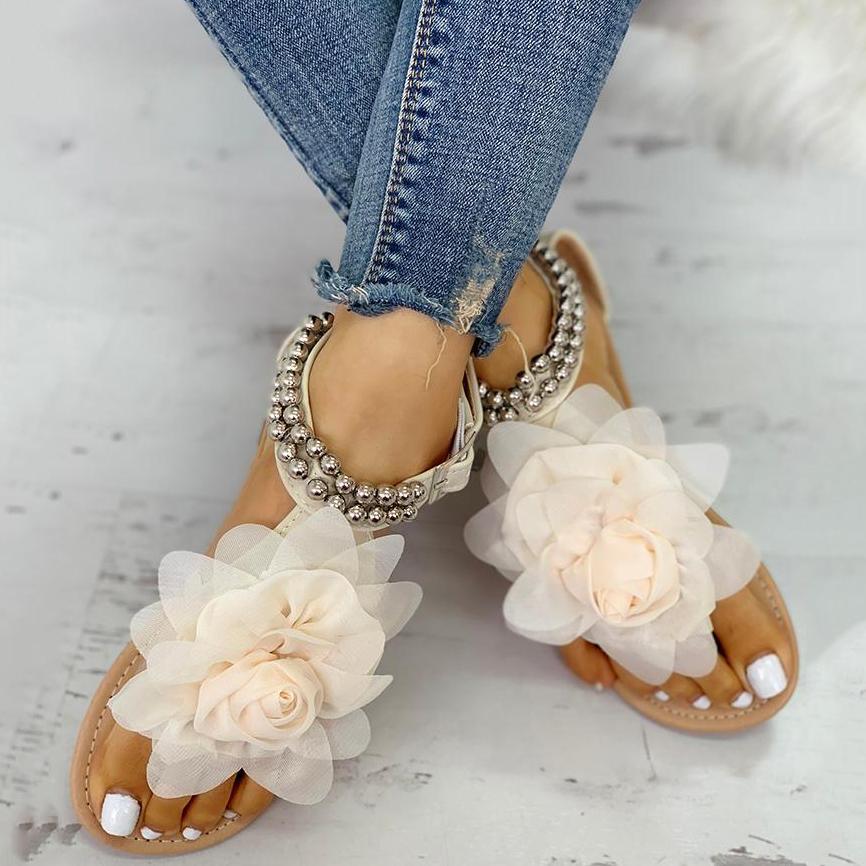 Mesh Floral Embellished Beaded Flat Sandals