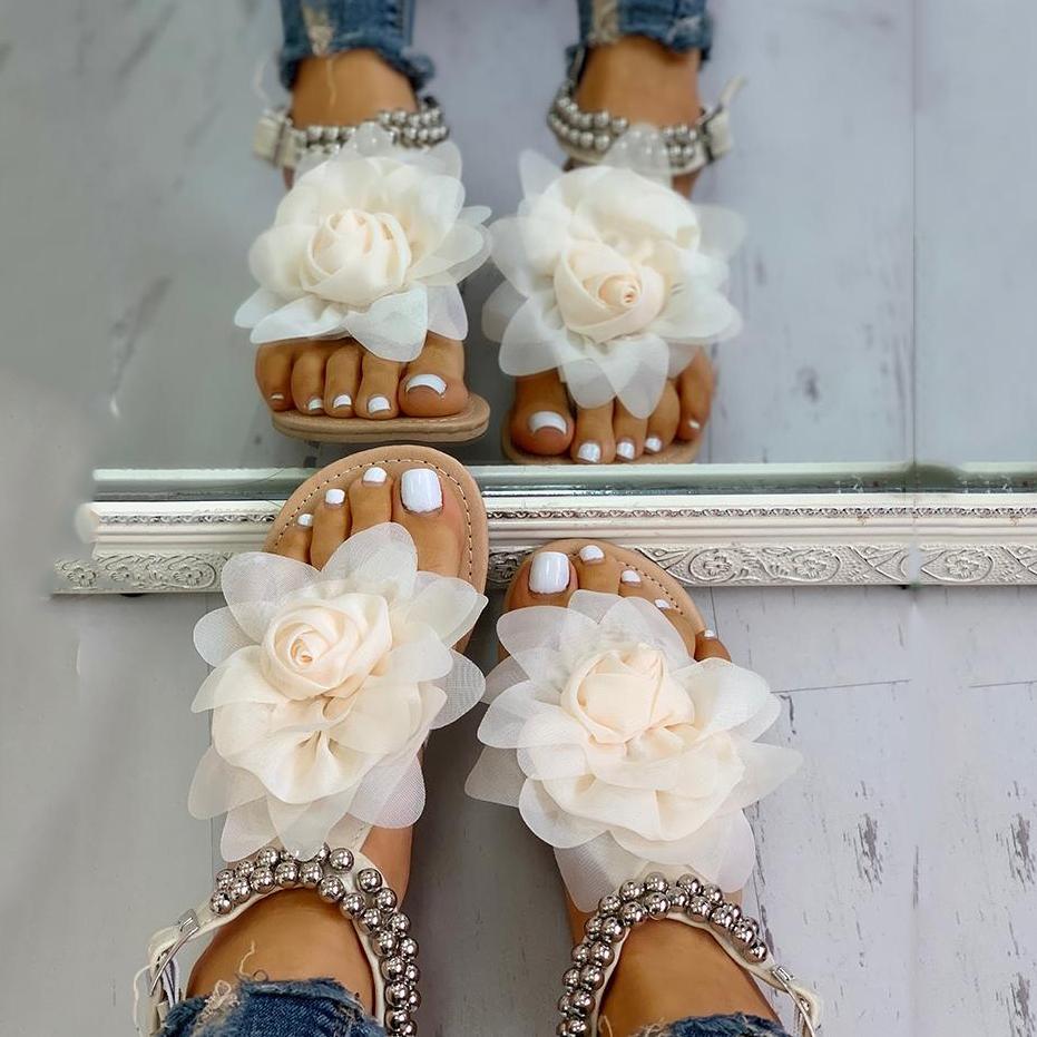 Mesh Floral Embellished Beaded Flat Sandals