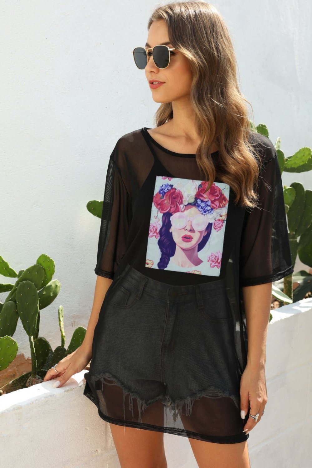 Mesh Splicing Cartoon Pattern Blouse