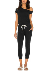 One-shoulder Drawstring Waist Jumpsuit With Pockets