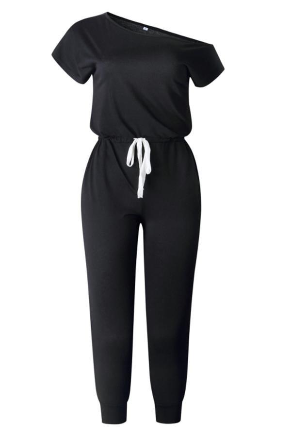 One-shoulder Drawstring Waist Jumpsuit With Pockets