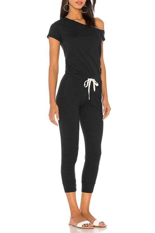 One-shoulder Drawstring Waist Jumpsuit With Pockets