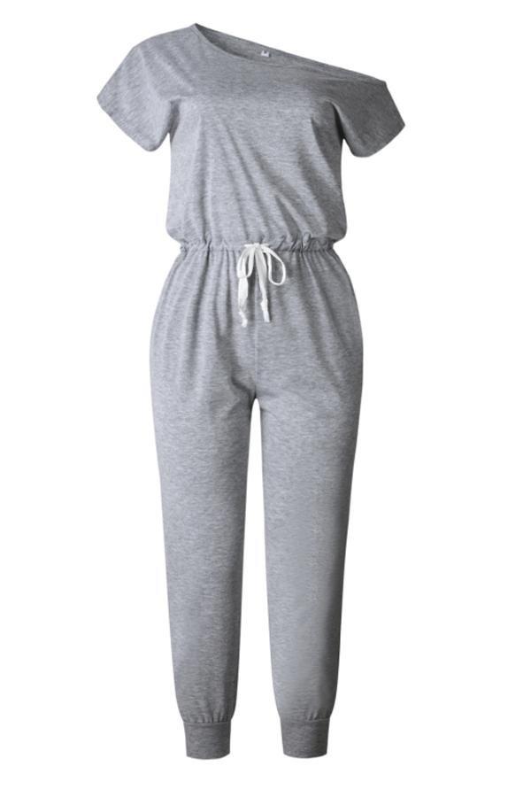 One-shoulder Drawstring Waist Jumpsuit With Pockets