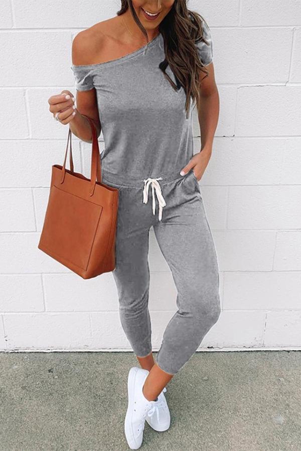 One-shoulder Drawstring Waist Jumpsuit With Pockets
