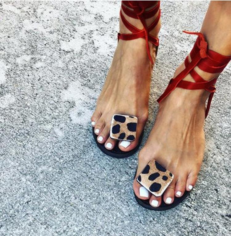 Open Toe Leopard Strap Sandals