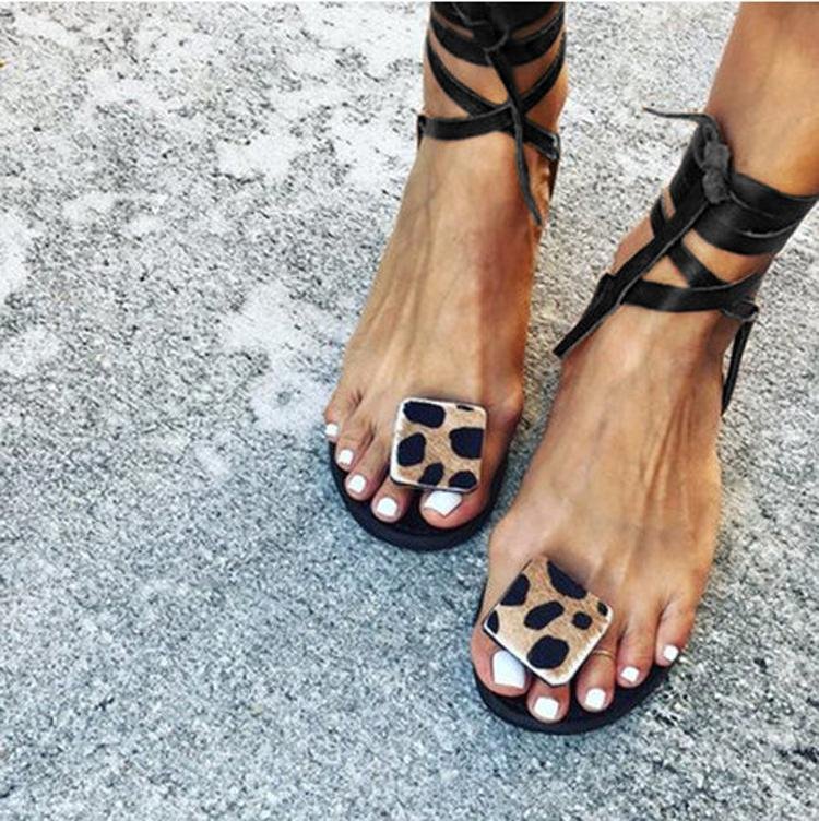 Open Toe Leopard Strap Sandals